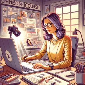 Generation X woman, working at home office, making a video